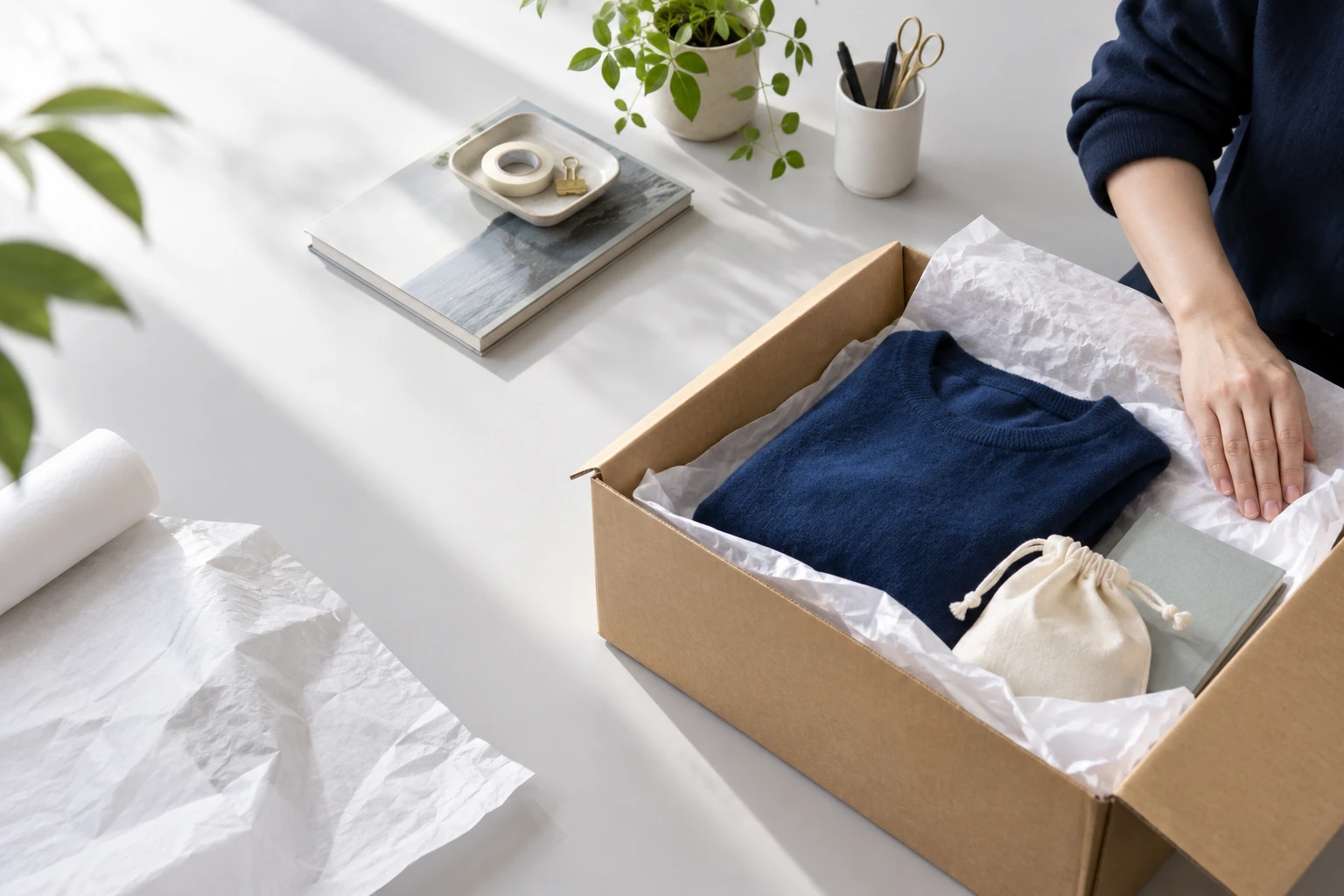 Protective paper is carefully arranged around knitwear, a fabric pouch and a book in an open parcel.